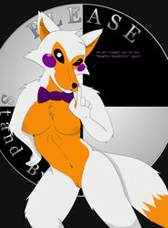 absurd_res alternate_version_available animatronic anthro anthro_only bowtie canid canine clothing color colored dialogue fang female female_focus female_only finger_wag firetails five_nights_at_freddy's five_nights_at_freddy's:_sister_location fox furry furry_only lolbit_(fnaf) multicolored_fur no_humans orange_fur purple_bowtie robot seductive shading simple_background smile tail text tooth video_games white_eyes white_fur wink