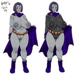 belly belt big_belly cape comparison dc dc_comics forehead_jewel grey_skin hairy_pussy huge_breasts kandenki leotard purple_areola purple_nipples pussy rachel_roth raven_(dc) sagging_breasts see-through see-through_clothing short_hair side_by_side teen_titans