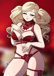 1girls ann_takamaki atlus big_breasts blonde_hair blue_eyes earrings female female_only heart-shaped_pupil kinkymation lingerie looking_at_viewer megami_tensei persona persona_5 seductive_smile smile solo solo_female solo_focus tagme thick_thighs twintails