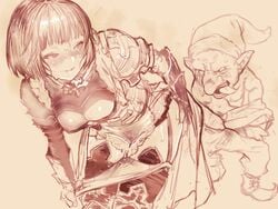 1boy 2equal8 armor blush breasts cleavage commentary erika_(shadowverse) female groin highres monochrome open_mouth pussy pussy_juice shadowverse undressing