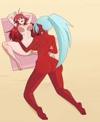 2girls arms_above_head ass bare_back beach blue_hair breasts defeated demon demon_girl embarrassed execution female female_only glasses high_school_dxd horn humiliation imminent_death killer_lotion kneesocks_daemon leg_spread murder nipples nude open_mouth panty_&_stocking_with_garterbelt peril ponytail punishment pussy red_hair red_skin rias_gremory ryona scared snuff summer sunbathing towel