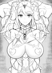 1girls armor blank_eyes blank_stare cleavage exposed_breasts gatyo_5 hair_ornament heart_pasties holding_head huge_breasts larger_male mind_control muscular nintendo partially_clothed pyra short_hair smile smiling tattoo tiara xenoblade_(series) xenoblade_chronicles_2