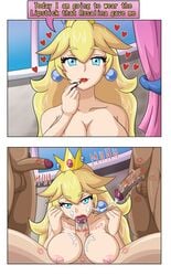 1girls 2koma 3boys applying_lipstick blonde_hair comic cum cum_in_mouth cum_on_breasts dark-skinned_male english_text faceless_male fellatio female female_focus foursome indoors kiss_mark kiss_mark_on_balls kiss_mark_on_penis lipstick lipstick_mark lipstick_on_penis long_hair makeup mario_(series) multiple_boys multiple_penises nintendo oral paizufella paizuri princess_peach red_lipstick satosatori text titjob unseen_male_face