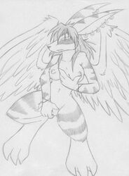 anthro big_breasts breasts bushidochu demon feather female fingering flying fur furry masturbation navel nipples nude piercing pussy sakido_elexion sketch slightly_damned solo spread_legs stripes tail webcomic wings