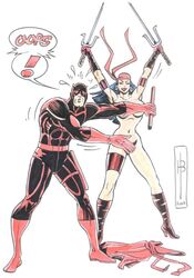 daredevil daredevil_(series) elektra_natchios female male/female marvel sai_(weapon) straight_hair tagme weapon