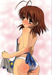 apron aruru_no_zaki ass blush breasts breath brown_eyes brown_hair clannad colored furukawa_nagisa looking_back no_bra panties short_hair sideboob small_breasts sweat underwear white_panties