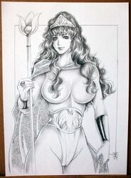 2007 armor artist_request belt big_breasts breasts cameltoe cape dark_armor dark_hair dark_vambraces dc_comics detailed female female_only front_view greyscale hair_over_breasts hippolyta holding_clothing holding_object holding_staff human jewelry light_clothing light_skin light_underwear long_hair looking_at_viewer medium_eyes monochrome portrait queen queen_hippolyta realistic ring skimpy smile solo staff standing topless traditional_media_(artwork) underwear vambraces wavy_hair white_background wonder_woman_(series)