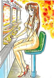 breasts high_heels highres momoyama_jirou naked_footwear naked_heels naked_with_shoes_on nude pachinko public public_nudity red_hair sweat zenra