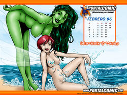 00s 2000s 2006 2girls areola areolae avengers bare_shoulders barefoot beach big_breasts breasts calendar_(medium) color colored feet female female_only green-skinned_female green_eyes green_hair green_lips green_skin hulk_(series) insect_wings janet_van_dyne light-skinned_female mariano_navarro marvel marvel_comics medium_breasts multiple_girls navel nipples nude pose posing red_hair round_ears she-hulk smile smiling spanish_text straight_hair teeth topless wasp_(marvel) water