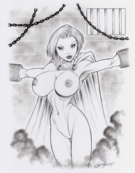 1girls 2007 bondage dc dc_comics don_monroe female female_only kara_zor-l karen_starr monochrome nipples power_girl solo tagme