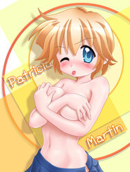 blue_eyes breast_hold breasts lucky_star patricia_martin topless wink