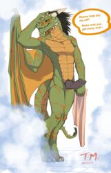 absurd_res anthro argonian athletic black_penis dragon english_text erection feathers green_scales hand_on_head hi_res holding_towel horn invalid_tag inviting looking_at_viewer male male_only markings nude penis presenting ridged_penis scales scalie skal-tel solo standing steam text the_elder_scrolls towel video_games western_dragon wings yellow_eyes yellow_scales