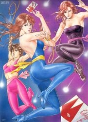 3girls 80s ai_kisugi ass bodysuit breasts brown_eyes cat's_eye catsuit cleavage curvaceous female hitomi_kisugi houjou_tsukasa human large_breasts light-skinned_female light_skin looking_at_viewer multiple_girls official_art rui_kisugi sash shounen_jump sisters trio wide_hips