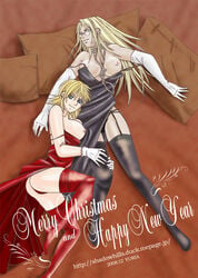 00s 2000s 2008 2girls bed blonde_hair blue_eyes breasts christmas dated dress female garter_belt glasses gloves hellsing holidays human human_only integra_hellsing jewelry long_hair multiple_girls necklace seras_victoria stockings straight_hair thighhighs year yuri