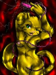 antennae anthro breasts color electabuzz electricity female female_only front_view fur furry furry_breasts furry_tail green_eyes looking_at_viewer nipples open_eyes open_mouth pokemon pussy solo tail vulva yellow_fur