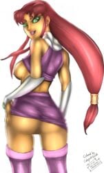 1girls animated ass ass_shake behind boots breast breasts clothes dat_ass dc_comics female female_only from_behind gif green_eyes long_hair looking_back lowres nipple no_panties orange_skin pandoras_box purple pussy red_hair shirt_lift skirt skirt_lift smile solo starfire straight_hair teasing teen_titans thigh_boots thigh_high_boots thighhigh_boots thighhighs