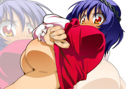 1girls blue_hair blush breasts embarrassed female from_below kanako_yasaka large_breasts long_sleeves looking_at_viewer midriff orange_eyes shirt_lift short_hair short_over_long_sleeves simple_background solo toudori touhou underboob undressing zoom_layer