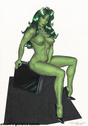 1girls 2003 areola areolae avengers bare_shoulders belly big_breasts breasts briefcase busty curvy female female_only giovanna_casotto green_eyes green_hair green_skin high_heels hulk_(series) large_breasts lipstick long_hair makeup marvel marvel_comics naked naked_female naked_footwear naked_heels naked_with_shoes_on navel nipples red_lips she-hulk solo uncensored voluptuous