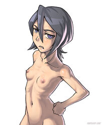 1girls bleach breasts collarbone dark_rukia female grey_hair hand_on_hip kuchiki_rukia navel nipples nude purple_eyes sefuart short_hair simple_background slit_pupils small_breasts solo