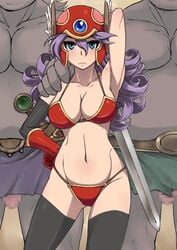 armpits arms_up belt bikini_armor blue_eyes breasts censored cleavage clothing dragon_quest dragon_quest_iii elbow_gloves gloves hand_on_hips helmet large_breasts long_hair looking_at_viewer majokko_youheidan navel penis purple_hair socks soldier_(dq3) standing stockings sword