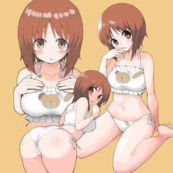 1:1_aspect_ratio ass barefoot bent_over boko_(girls_und_panzer) bra breasts brown_eyes brown_hair eyebrows_visible_through_hair feet female frilled_bra frilled_underwear frills full_body girls_und_panzer groin high_resolution lingerie looking_at_viewer looking_back medium_breasts meme_attire multiple_positions multiple_views navel nishizumi_miho open_mouth pantsu print_bra shiny shiny_hair short_hair side-tie_panties simple_background solo underwear underwear_only white_bra white_panties white_underwear yabai_gorilla yellow_background