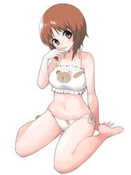 barefoot boko_(girls_und_panzer) bra breasts brown_eyes brown_hair feet female frilled_bra frilled_underwear frills full_body girls_und_panzer high_resolution lingerie looking_at_viewer medium_breasts meme_attire midriff navel nishizumi_miho pantsu parody print_bra short_hair side-tie_panties simple_background solo underwear underwear_only wardrobe_malfunction white_background white_bra white_panties white_underwear yabai_gorilla