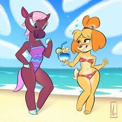 2girls alcohol alternate_outfit animal_crossing anthro beach bikini birchly canine day drunk equine furry horse isabelle_(animal_crossing) mammal nintendo reneigh_(animal_crossing) smile tagme water watermark wide_hips