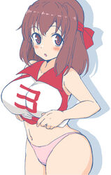 :o bare_shoulders breasts brown_eyes brown_hair clavicle female girls_und_panzer headband high_resolution kondou_taeko large_breasts long_hair looking_at_viewer midriff navel panties pantsu parted_lips pink_panties red_headband shadow shirt shirt_lift simple_background solo sportswear thick_thighs thighs underwear very_high_resolution volleyball_uniform white_background yabai_gorilla