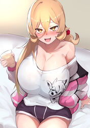 1girls bare_shoulder bed blonde_hair blush booty_shorts busty clothed_female clothing cute drink drinking drunk fang front_heavy_breasts fully_clothed golden_eyes gym_shorts holding_glass holding_object hoodie huge_breasts jacket long_breasts long_hair looking_at_viewer loose_shirt nijisanji nuezou nui_sociere off_shoulder pink_clothes pink_clothing shorts sitting sitting_on_bed skin_fang slit_pupils small_but_busty solo t-shirt thighs torpedo_breasts virtual_youtuber white_shirt yellow_eyes