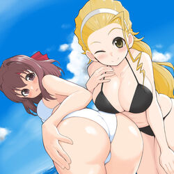 1:1_aspect_ratio 2girls ahoge ass bent_over bikini black_bikini black_swimsuit blonde_hair blue_sky blush breasts brown_eyes brown_hair cleavage closed_mouth cloud cloudy_sky day dutch_angle female from_behind girls_und_panzer hair_intakes hair_pulled_back hairband hand_on_chest hand_on_own_ass hand_on_own_chest hand_on_own_thigh headband high_resolution kondou_taeko large_breasts leaning_forward light_frown long_hair looking_at_viewer looking_back medium_breasts multiple_girls ocean one_eye_closed outdoors ponytail presenting_hindquarters red_headband sasaki_akebi sky smile standing sweatdrop swimsuit tied_hair white_bikini white_hair_ornament white_hairband white_swimsuit yabai_gorilla