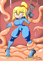 big_breasts blonde_hair blue_eyes clubviacavo female large_breasts metroid nintendo ponytail samus_aran sweat tentacle thighhighs thighs uniform video_games