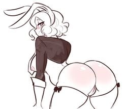 1girls ass atlus blush bunny_ears bunnysuit haru_okumura looking_back monochrome persona persona_5 reverse_bunnysuit scruffyturtles short_hair sideboob smug solo thighhighs