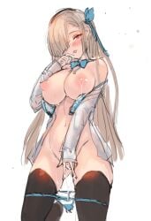 after_sex asuna_(blue_archive) bare_shoulders black_thighhighs blonde_hair blue_archive blue_bra blue_panties blush bow bowtie bra breasts butterfly_hair_ornament cum cum_in_pussy hair_ornament hand_to_own_mouth heart heart-shaped_pupils lactation large_breasts long_hair looking_at_viewer nipples off_shoulder open_bra open_clothes open_mouth open_shirt panties sakura_rock shirt simple_background symbol-shaped_pupils thighhighs underwear white_background white_shirt