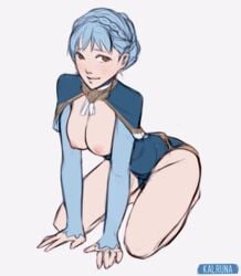 blue_hair blush breastless breasts breasts_out brown_eyes female female_only fire_emblem fire_emblem:_three_houses kalruna kneeling large_breasts leotard looking_at_viewer marianne_von_edmund nintendo nipples partially_nude smile tagme white_background wide_hips