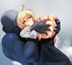 1boy absurdres ahoge areolae bangs blazblue blonde_hair blue_eyes blush braid breast_grab breast_squeeze breasts deep_skin dress es_(xblaze) eyebrows_visible_through_hair female frills grabbing hair_between_eyes half-closed_eyes highres huge_ahoge huge_breasts long_hair long_sleeves naze necktie nipples single_braid solo_focus xblaze xblaze_code:_embryo xblaze_lost:_memories