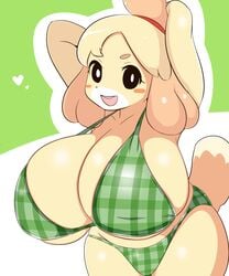 1girls animal_crossing anthro armpits arms_behind_back bikini blush breasts furry huge_breasts isabelle_(animal_crossing) nintendo open_mouth sugaru thick_thighs thighs upper_teeth voluptuous wide_hips