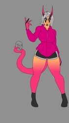 alexemis_blackheart big_breasts big_butt female hoodie kingenderraptor large_breasts markings orange_skin pose posing socks