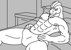 abs animated anthro balls bara barazoku becoming_erect bed bedroom black_and_white bodily_fluids bulge chest_tuft clothing cum cum_on_body cum_on_chest cum_on_self erection furniture genital_fluids genitals humanoid_genitalia humanoid_penis lying machoke male male_only masturbation muscular nintendo nipples on_back open_mouth pec_grasp pecs penile penile_masturbation penis pillow pokémon_(species) pokemon pokemon_(species) solo syndhart touching_chest tuft underwear undressing video_games