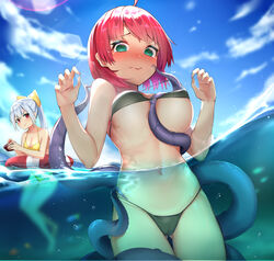 2girls @_@ ahoge ass_visible_through_thighs bare_shoulders between_breasts bikini bikini_top_lift black_bikini black_swimsuit blush bow breasts clothing controller day embarrassed female gluteal_fold green_eyes hair_ornament hairbow high_resolution innertube lens_flare long_hair medium_breasts multiple_girls navel nipple_bulge nose_blush o-ring o-ring_bikini o-ring_top ocean octopus outdoors partially_submerged pink_hair ponytail red_eyes short_hair silver_hair string_bikini summer swimsuit tentacle tentacle_around_breast tentacle_between_breasts tentacle_under_clothes thigh_gap tied_hair underboob very_high_resolution wet xubai yellow_bikini yellow_bow yellow_swimsuit