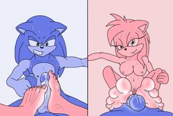 1boy 1girls 3rdharleyjoe alternate_color amy_rose dual_pov female female_pov footjob furry male male_pov original_character pov sonic_(series) sonic_the_hedgehog