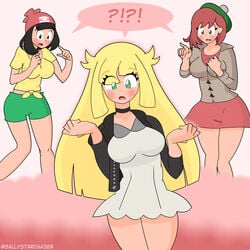 3girls alternate_breast_size alternate_outfit black_hair blonde_hair breasts brown_hair commission cute fusion gloria_(pokemon) large_breasts lillie_(pokemon) long_hair marnie_(pokemon) merge merging nintendo pink_background pokemon pokemon_sm pokemon_ss sally_starchaser selene_(pokemon) shoulder_length_hair text thigh_gap watermark wide_hips