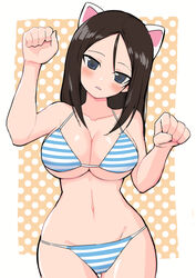 animal_ears arms_up ass_visible_through_thighs bangs bikini black_hair blue_bikini blue_eyes blush breasts cowboy_shot fake_animal_ears female girls_und_panzer head_tilt high_resolution large_breasts light_frown long_hair looking_at_viewer navel nekomimi nonna orange_background outside_border parted_lips paw_pose polka_dot polka_dot_background solo standing string_bikini striped_bikini swept_bangs swimsuit thigh_gap very_high_resolution yabai_gorilla