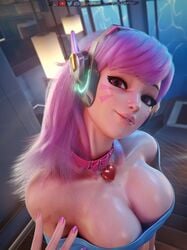 1girls 3d absurdres big_breasts blender breasts cleavage collar d.va female female_only forceballfx highres large_breasts looking_at_viewer overwatch pink_eyes pink_hair solo