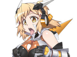 1boy blush bodysuit breast_squeeze breasts brown_hair censored female gauntlets hair_ornament hairclip headgear looking_at_viewer medium_breasts orange_eyes paizuri penis senki_zesshou_symphogear shiny shiny_clothes shiny_hair shiny_skin short_hair simple_background solo_focus straight tachibana_hibiki_(symphogear) tongue tongue_out toranpo_rintarou white_background