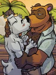 2020 2boys animal_crossing ass black_nose blush bottomwear brown_body brown_fur butt canid canine canis closed_eyes clothed detailed_background domestic_dog fur gay highres hug humanoid_hands k-9 k.k._slider kissing male male_only mammal nintendo nude open_shirt outdoors pants raccoon_dog shirt slightly_chubby tanuki tom_nook topwear white_body white_fur yaoi