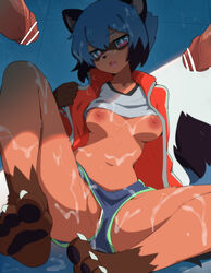 1girls 2020 animal_ears bar_censor blue_eyes blue_hair blue_shorts brand_new_animal breasts bukkake censored collarbone cum cum_in_pussy cum_on_body cum_on_breasts cum_on_hair cum_on_lower_body cum_on_upper_body dated eyebrows_visible_through_hair facial female fur furry highres jacket large_breasts looking_at_viewer male michiru_kagemori multicolored multicolored_eyes multiple_boys navel nipples open_mouth overflow penis pink_eyes pussy red_jacket short_hair shorts sitting sollyz solo_focus studio_trigger tail