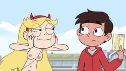 :i accurate_art_style bag blonde_hair blonde_pubic_hair blue_eyes breasts casual clothed_male disney glaw_(artist) hands_on_cheeks heart_areola heart_cheeks marco_diaz mole_under_eye narrowed_eyes nipples nude_female pubic_hair red_jacket screenshot_edit smile star_butterfly star_vs_the_forces_of_evil straight_hair