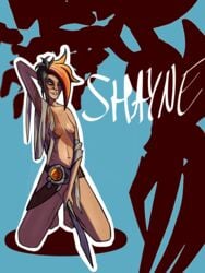 applesauce_jack bandages battleborn belt eyeshadow freckles knife orange_hair pierced_nipples scar shayne shayne_(battleborn) small_breasts yellow_eyes