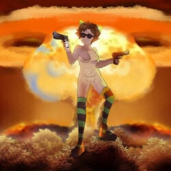 1girls artist_request cum cum_in_pussy gun mushroom_cloud nuclear_explosion nude_female nuke outdoors russelsaphire solo