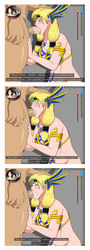 1boy 1girls blonde_hair blowjob blue_eyes blush bottomless breasts cleavage comic crossover cum_in_mouth cum_inside defeated deity fellatio female freya_(smite) goddess hand_on_head large_breasts large_penis light-skinned_male male mortal_kombat norse_mythology oral panels penis saliva shao_kahn slave slave_bikini slave_leia_(cosplay) smite tattoo text theobscureone veiny_penis